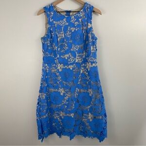 Beige by eci Blue Floral Embroidered Lace Overlay Sheath Dress